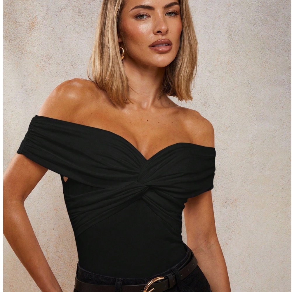 Black Off Shoulder Bodysuit Ruched Sleeveless Slim Stretchy